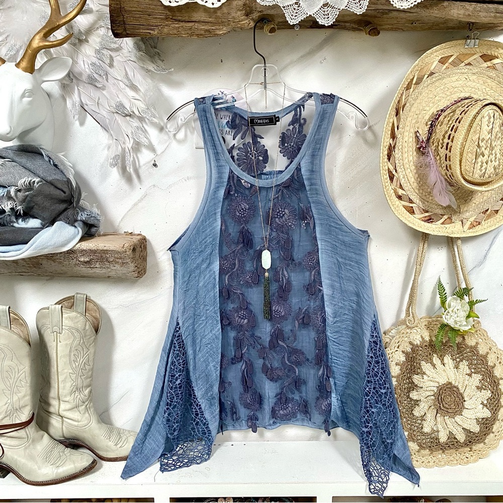 Rustic denim vibe semi sheer asymmetrical floral embroidery sequence boho blouse